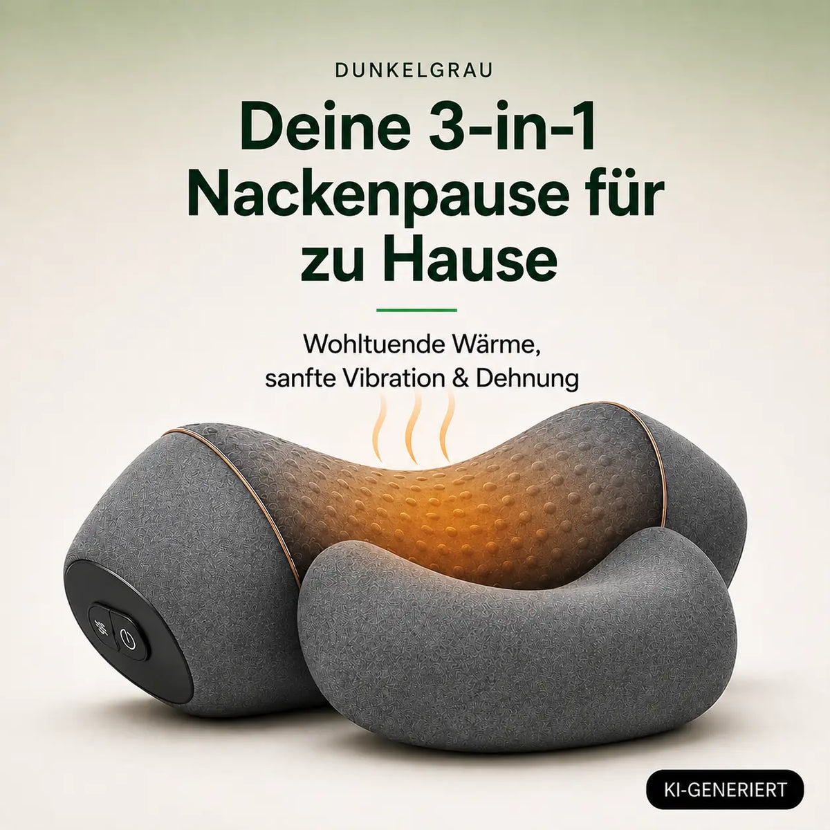 KI-generierte Produktgrafik: dunkelgraues Nackenmassagegerät für Wärme, Vibration und sanfte Dehnung.